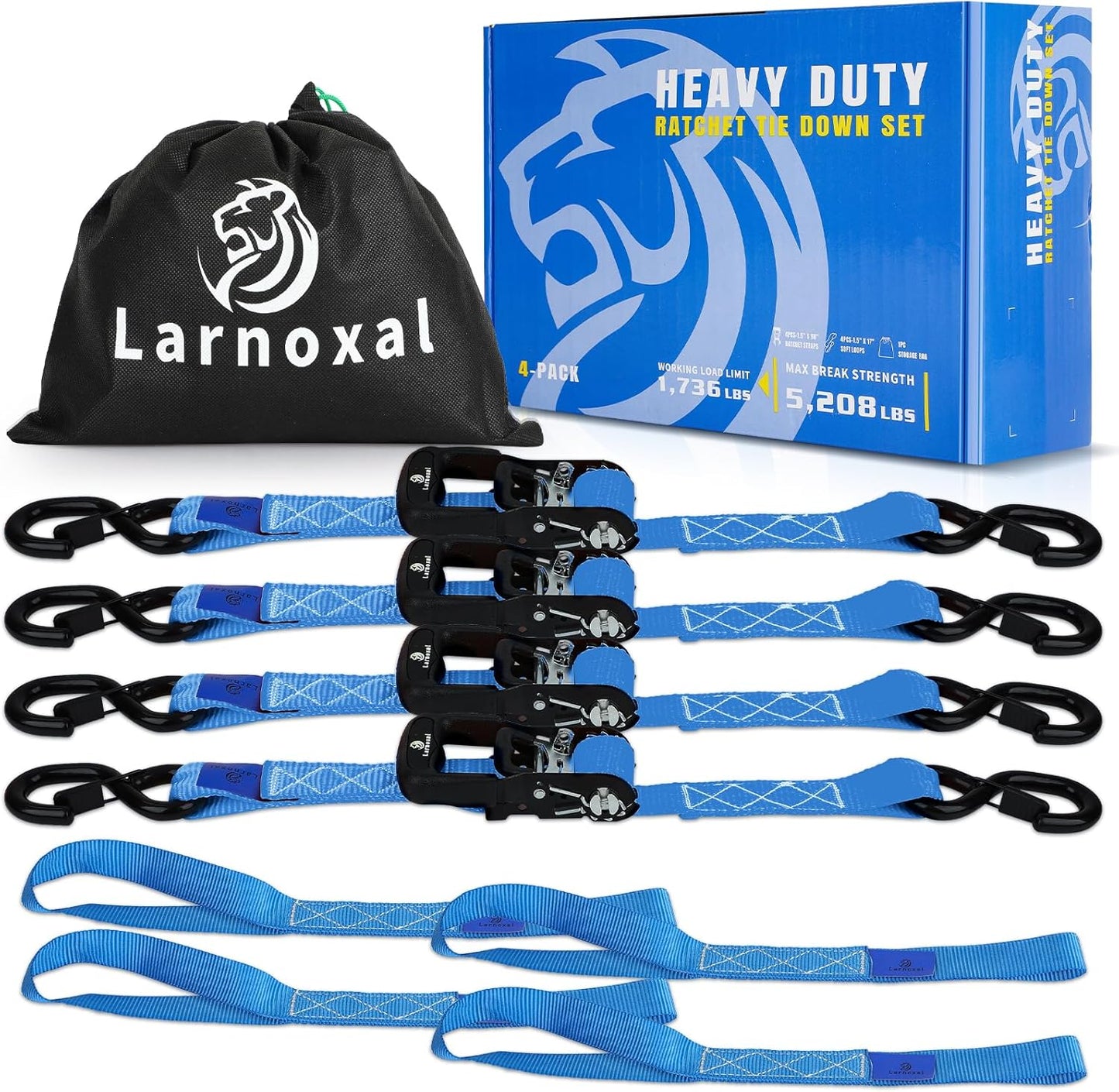 Ratchet Straps 4 Pack - 5,208 Lbs Break Strength 1.5 in x 8.2 Ft Heavy Duty Ratchet Tie Down Straps with S Hooks Set for Truck, Cargo Van, Trailer, Motorcycle (Blue)