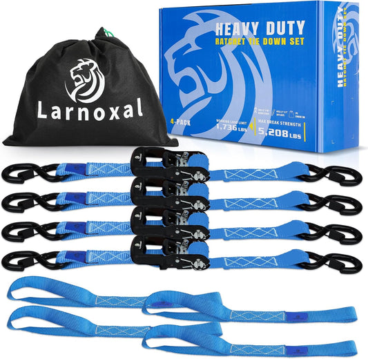 Ratchet Straps 4 Pack - 5,208 Lbs Break Strength 1.5 in x 8.2 Ft Heavy Duty Ratchet Tie Down Straps with S Hooks Set for Truck, Cargo Van, Trailer, Motorcycle (Blue)