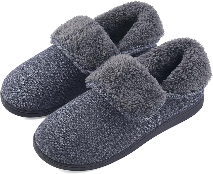 Men’s Knit Bootie Slippers Warm Fold-Over Ankle Collar Plush Fleece Lined Memory Foam House Shoes Cozy Winter Non-Slip Indoor Outdoor Slippers for Men
