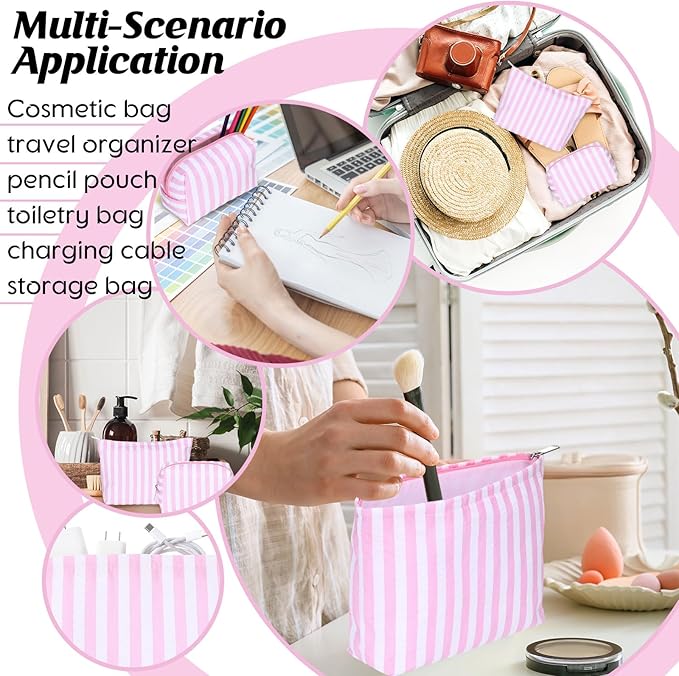 2 Pcs Makeup Bag Set Cute Cosmetic Pouch for Women Seersucker Travel Toiletry Bag Preppy Small Makeup Purse Pouch Aesthetic Skincare Brushes Storage Organizer for Valentine Women(Pink Wide)