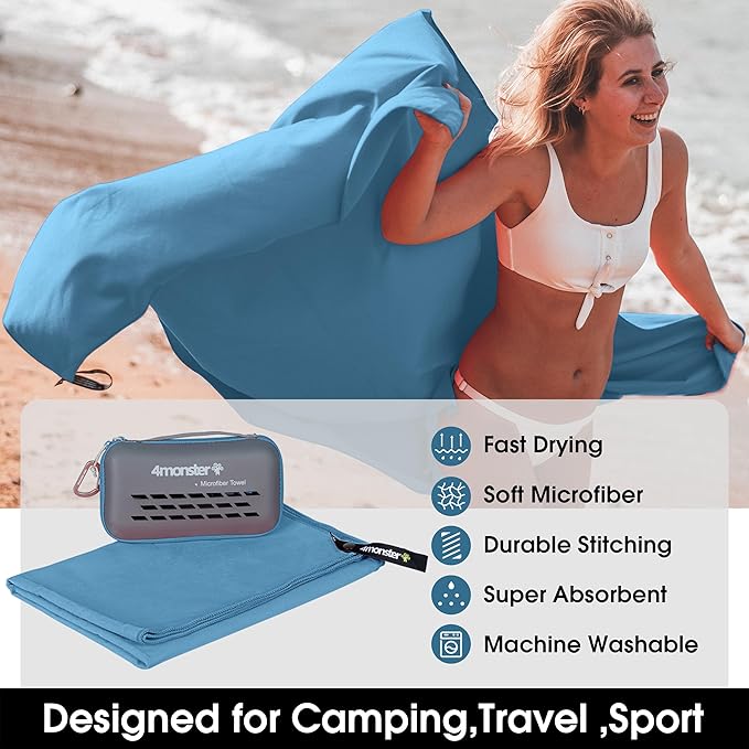 4Monster Quick Dry Travel Towel with Case & Carabiner – Super Absorbent Microfiber Gym & Camping Towel. Compact, Lightweight, Fast Drying for Beach, Swimming, Hiking, Backpacking
