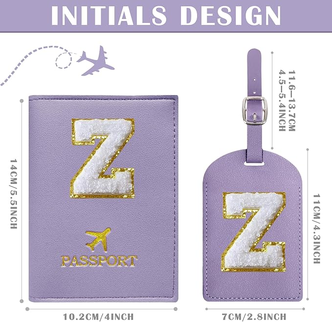 COSHAYSOO Purple Passport Cover and Initial Luggage Tag Set TSA Approved with Preppy Chenille Letter Patch for Women Girl Teens, 2023 Trendy Travel Bag Backpack Suitcase Identifier Essential Gifts (Z)