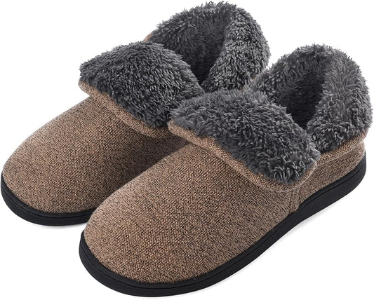 Men’s Knit Bootie Slippers Warm Fold-Over Ankle Collar Plush Fleece Lined Memory Foam House Shoes Cozy Winter Non-Slip Indoor Outdoor Slippers for Men