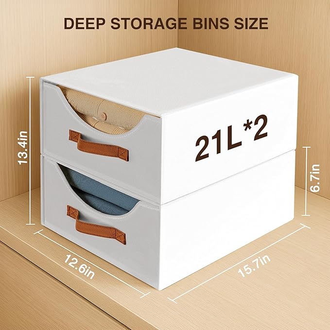 Closet Organizers and Storage - Large Stackable Storage Bins with Drawer, Fabric Bins for Organization, Collapsible Storage Drawers Organizer for Bedroom, Living Room, 4 Pack, White
