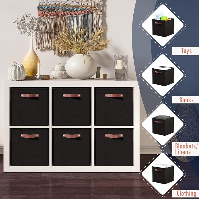 Ornavo Home 13 x 13 Storage Cube Bins, Foldable Collapsible Fabric Storage Bins Box Linen Shelf Basket Cube Organizer for Closet with Leather Handles, 6 Pack, Black