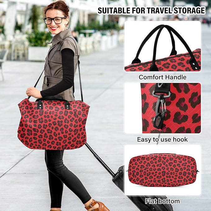Travel Duffle Bag, Red Leopard Print Cheetah Gym Bag with Storage Bag Weekender Overnight Bag for Men Women Trip Sports Yoga