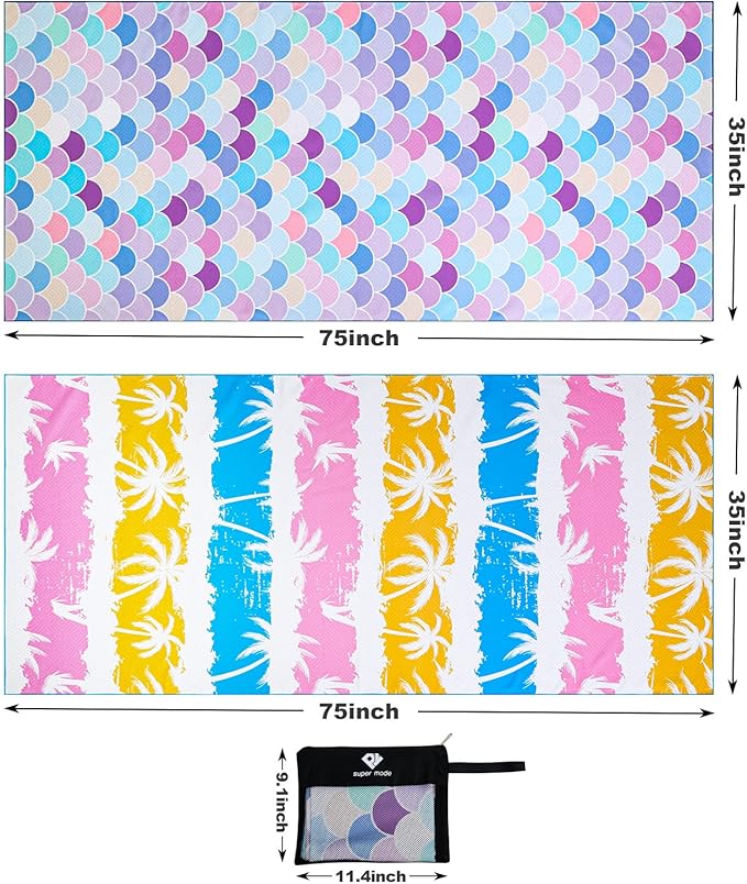 2 Pack Microfiber Beach Towel: Oversized Pool Towel 75”x 35”, Sand-Free Beach Towel, Quick Drying Camping Towel, Super Absorbent Bath Towel Blanket, Soft Breathable and Lightweight for Kids & Adults