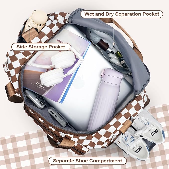 WOOMADA Foldable Travel Duffel Bag for Women, Weekender Bags with Shoes Compartment,Overnight Bag with Wet Pocket & Trolley Sleeve(brown checkerboard)