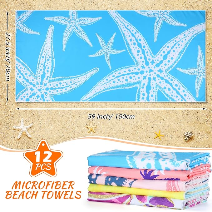 Newwiee 12 Pieces Microfiber Beach Towel Set Quick Dry 59 x 27.5 Inch Lightweight Bulk Colorful Soft Absorbent Pool for Adults Kids Travel Swimming Supplies, Newwiee-Towels-NB54