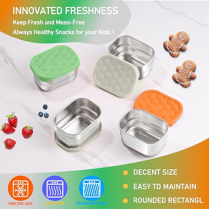 HaWare 8 oz Stainless Steel Snack Containers for Kids, Leak Proof Food Storage Containers with Colorful Silicone Lids, Small Metal Lunch Box for Daycare and School- 3 Packs