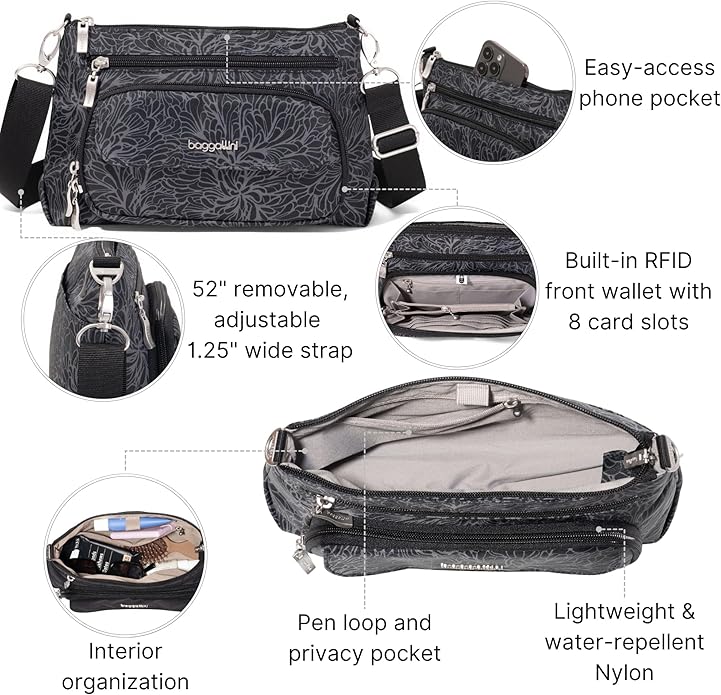 Baggallini Original Everyday 11x7.5 Crossbody Bags Rfid Protected Lightweight Nylon Zippered Travel Purse