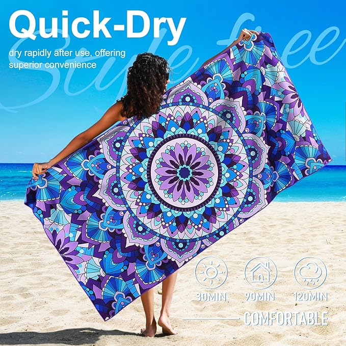 2 Packs Lightweight Thin Microfiber Beach Towel Oversized Quick Dry Compact Sandproof Clearance Towels Sand Free Camping Pool Easy Pack Travel Accessories Essentials Women AdultsPurple Flower Vortex