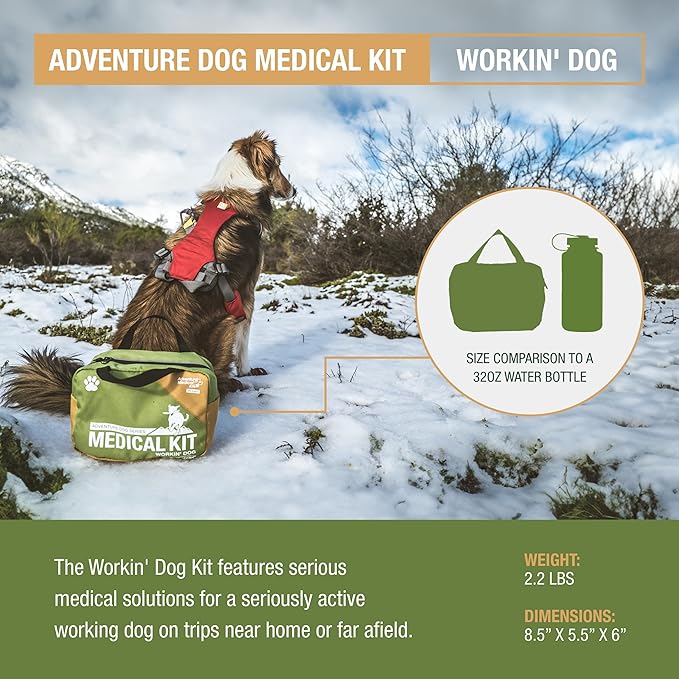 Adventure Medical Kits Workin' Dog Medical Kit with QuikClot - Canine Field First Aid Kit with Headlamp, Bandages, Cold Pack, Leash, Instruction Manual & More - Compact Dog Emergency Kit