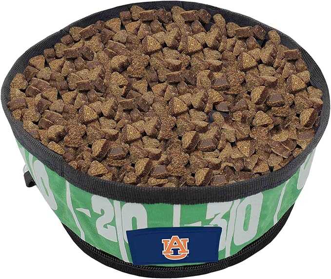 Pets First NCAA Auburn Tigers Collapsible Dog Travel Bowl, Food and Water Bowl for Dogs & Cats. Lightweight Leak-Proof Pet Bowl for Travel with Football Field & Pebble-Grain Design