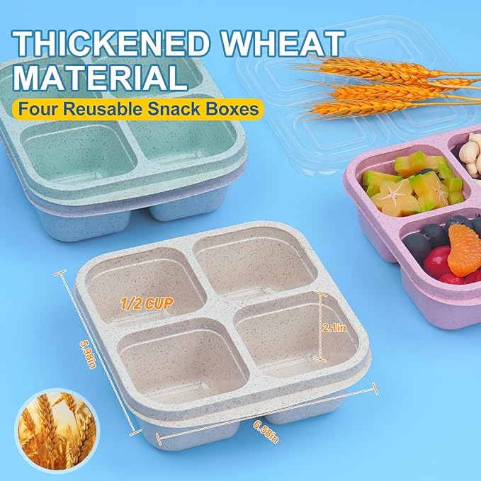 4 Pack Snack Box Containers, 4 Compartment Reusable Snack Containers with Lids, Microwave Dishwasher Safe, Divided Food Storage Lunchable Container for Work Travel (Green)