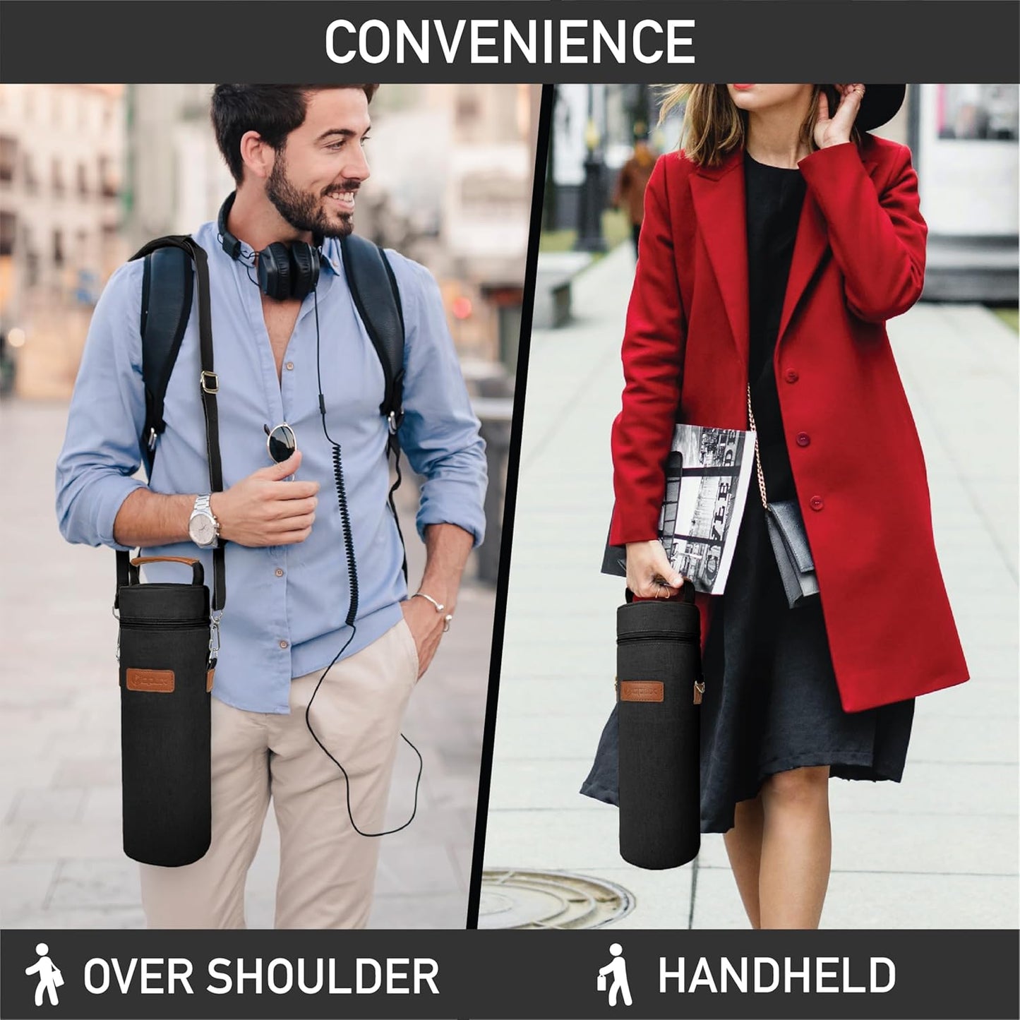 opux Wine Bag Single Bottle Carrier Tote, Insulated Wine Cooler Bag for Travel Picnic Beach with Shoulder Strap, Thermal One Bottle Holder Carrying Case Wine Gift for Women Men, Black