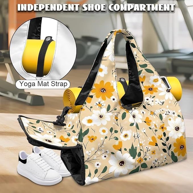 White Daisy Duffle Bag Women with Shoe Compartment and Yoga Mat Holder Yellow Sports Duffel Bag with Wet Pockets for Women, Stylish Portable Fitness Sport Tote Bag