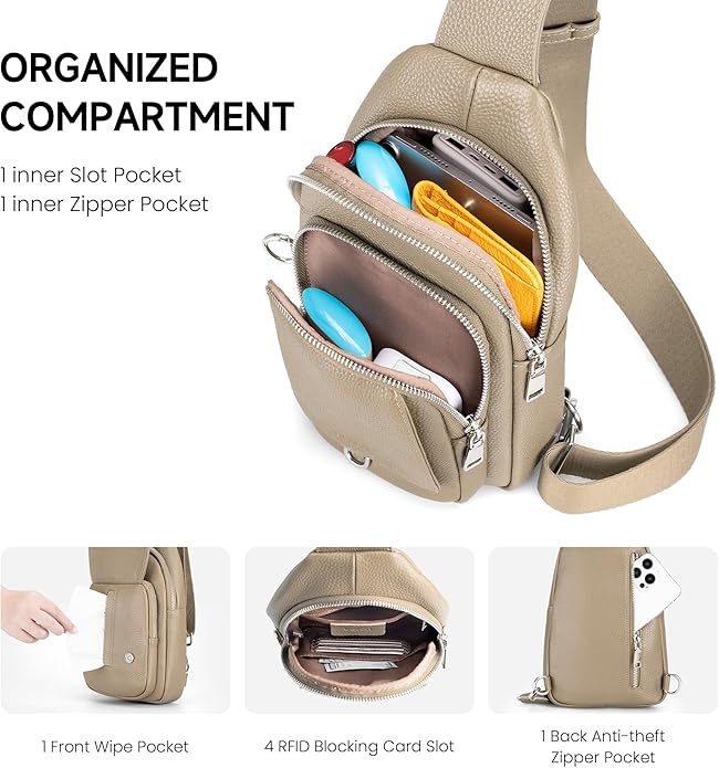 befen Anti Theft Genuine Leather Sling Bag for Women RFID Small Crossbody Bag Chest Bag Leather Fanny Packs for Travel