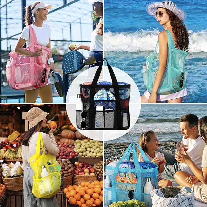 Tavaleu Mesh Beach Bag - Large Beach Tote with Multi Functional Pockets for Family Travel/Vacation