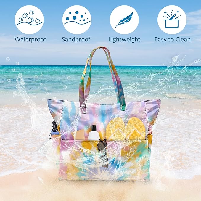 Large Beach Bag Waterproof Sandproof Beach Bags for Women Pool Tote Bags with Zipper Summer Swim Bag Foldable