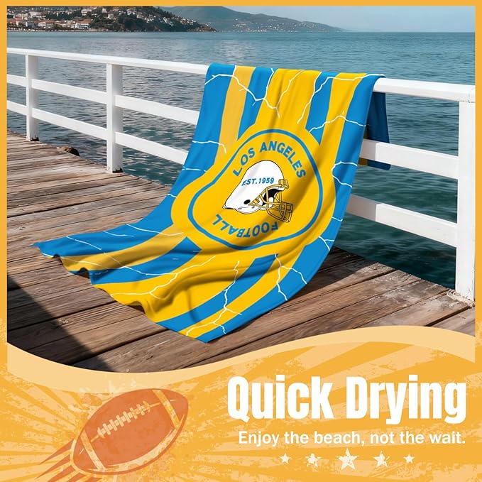 Football Fan Thin Lightweight Microfiber Beach Towel Themed Los Angeles Large Sand Free Oversized Portable Towels Men Women Gear Chargers Team Boyfriend Valentines Anniversary Gag Fun Nice Gifts