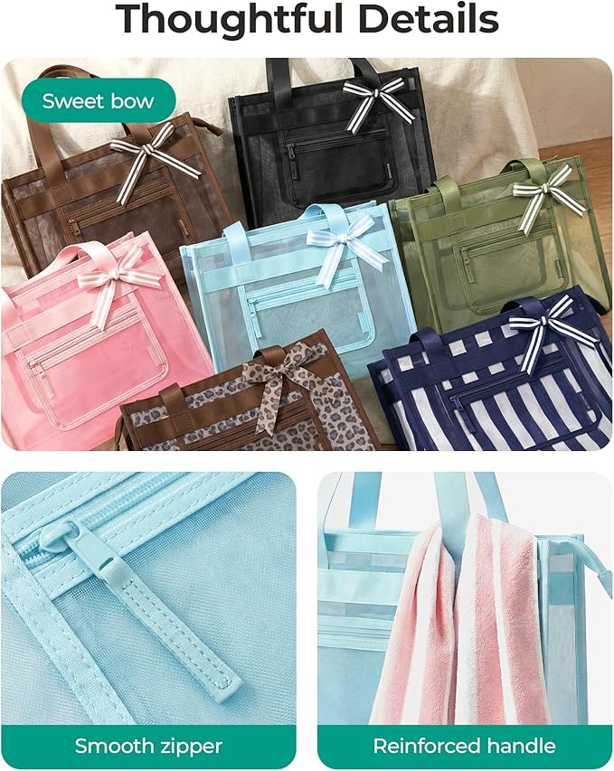 BAGSMART Mesh Beach Bag with Zipper Pocket, Large Beach Tote Bags for Women | for 40 oz Bottle, Removable Ribbon Bow, Sandproof & Washable, Cruise Essentials, for Swim, Pool, Gym, Vacation, Travel Bag