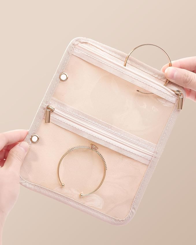 Lolalet Travel Jewelry Organizer Storage Bags, 4 Pcs Transparent Velvet Pouches with Compartments & Zippers for Jewelry Display of Earrings, Rings, Necklaces & Bracelets for Girls Women -Apricotpink