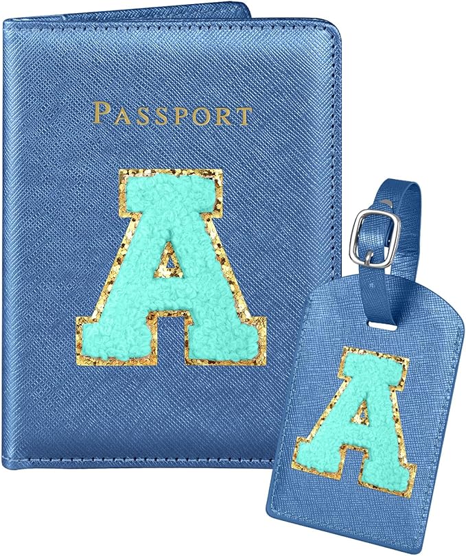 Slohif Passport Holder Initial Lugguage Tag Set Suitcase Cover Wallet Case for Travel Women - Leather Letter Passport Book Personalized Organizer Card Protector Sleeve Essentials Slim Carrier Blue A