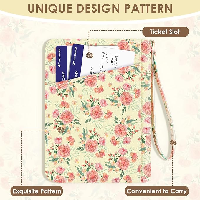 Passport Holder, Passport Holder For Travel, Passport Cover For Travel Essentials, Passport Wallet Cover RFID Blocking, Cute Passport Book for Women and Men, Pink Flowers