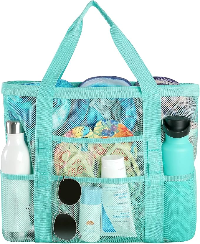 Beach Bag - Mesh Beach Bag Large 8 Pockets, Beach Tote Bag Beach Essentials for Vacation Must Haves