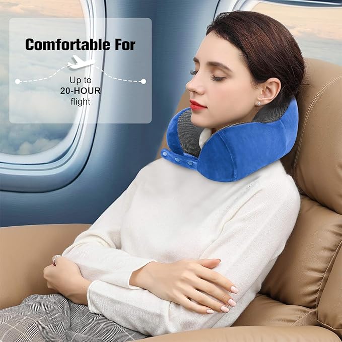Neck Pillow for Traveling, Travel Pillows for Airplanes,100% Pure Memory Foam Travel Neck Pillow, Adjustable Flight Pillow, Portable Plane Accessories with Eye Mask, Earplugs, Carry Bag