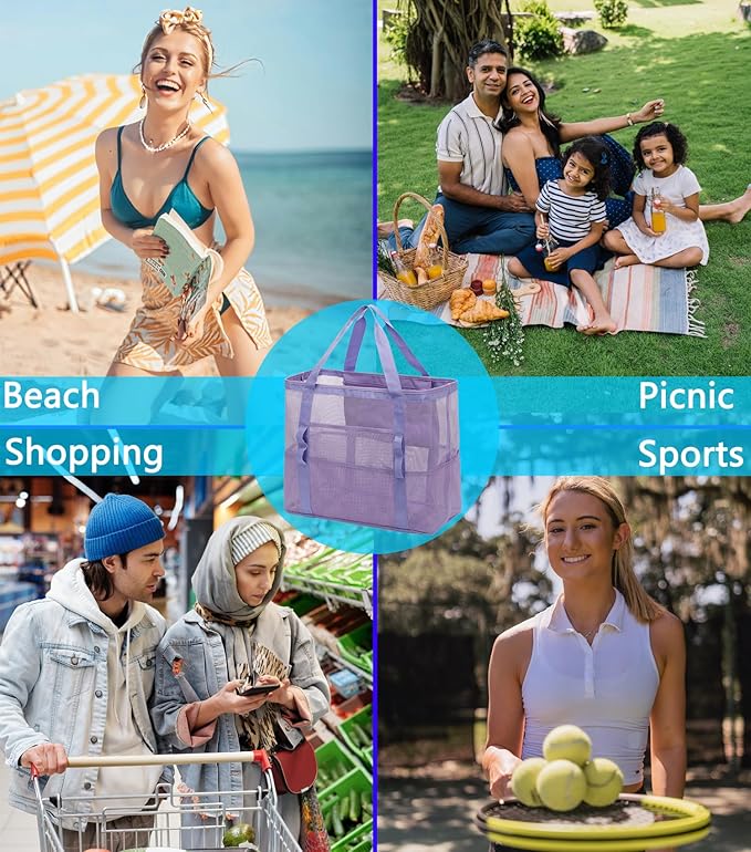 Mesh Beach Bag with Zipper, Large Beach Tote for Women, Toys Pool Swim Bag Travel Vacation Cruise Essentials