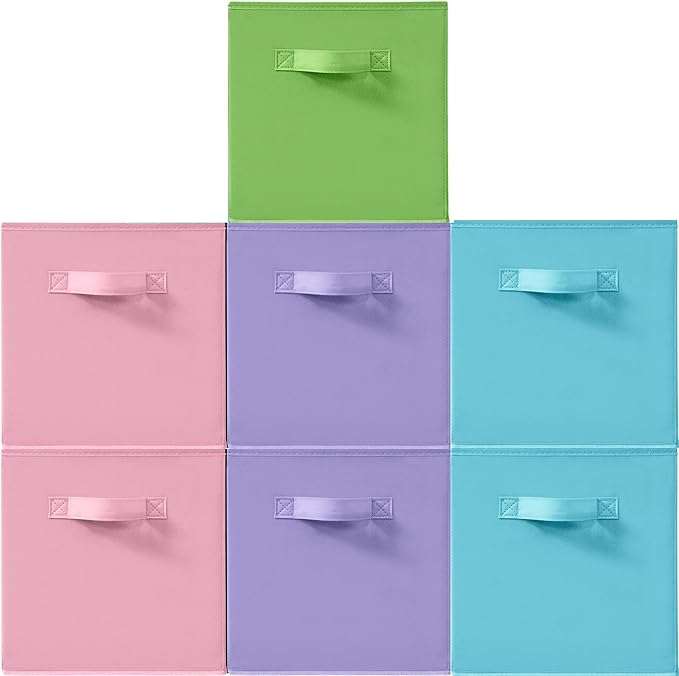 11 Inch Fabric Storage Cubes, Sturdy Foldable Storage Bins, Heavy Duty Cube Organizer for Clothes, Blankets, Shelves, Closets, Bedroom, Living Room, Multi-Color, 7 Pack