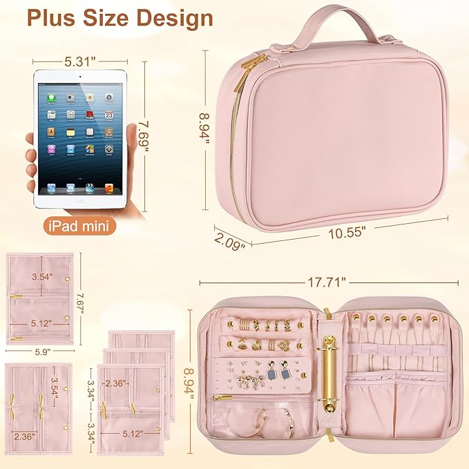 Travel Jewelry Case Organizer for Women, Jewelry Storage Book with Small Pouch, Travel Jewelry Bag Case for Traveling Necklace, Earrings, Rings, Bracelet Organizer (Pink)