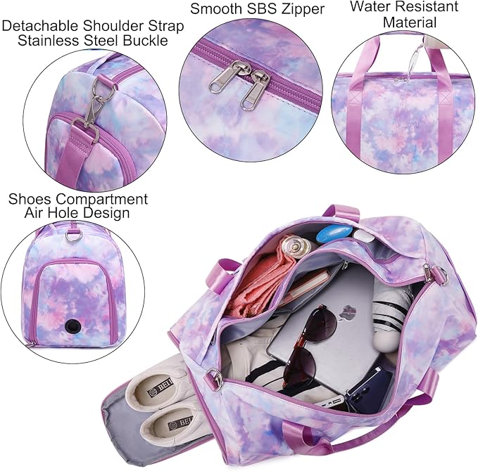 Dance Bag for Girls Sports Gym Bag for Girls Teen Travel Duffel Bags Waterproof Tie-dye Purple Overnight Duffel Bag with Shoe Compartment Ballet Gym Bag
