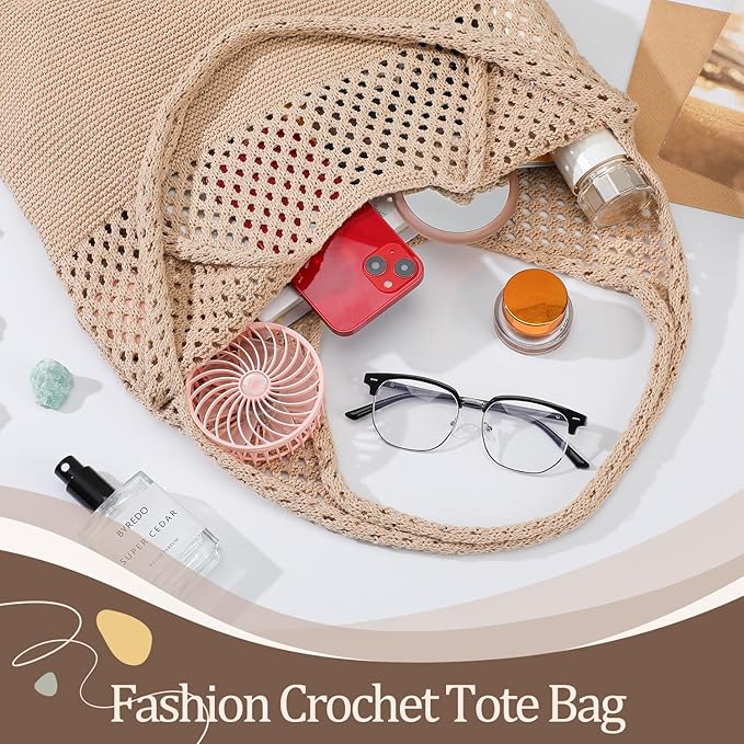 Premillow Crochet Beach Tote Bags, Stylish Mesh Beach Bags Shoulder Bag for Women, Cute Summer Vacation Boho Tote Bag