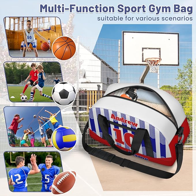 Basketball Soccer Gifts for Boys Girls - Custom Sports Duffle Bag, Personalized Name & Team Bag, Water-Resistant Gym Bag for Basketball, Soccer, Volleyball | Y-Navy Red