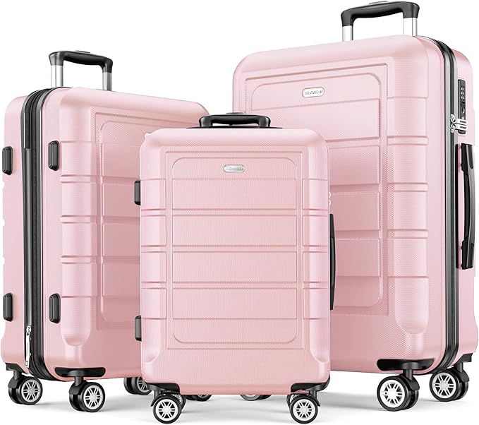 SHOWKOO Luggage Sets 3 Piece Expandable 100% PC Durable Hardshell Suitcase with Wheels TSA Lock Lightweight Luggage Pink