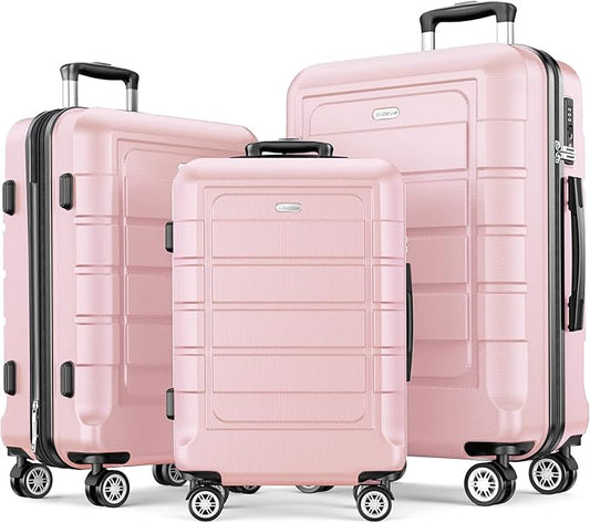 SHOWKOO Luggage Sets 3 Piece Expandable 100% PC Durable Hardshell Suitcase with Wheels TSA Lock Lightweight Luggage Pink