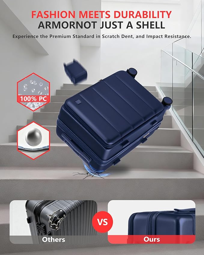 Expandable 20Inch Carry On Luggage Airline Approved - Top Opening Hardside Travel Suitcase Unbreakable -with Cup Holder,USB Charge,Side Pothook, 360°Spinner Wheels, TSA Lock-Navy Blue