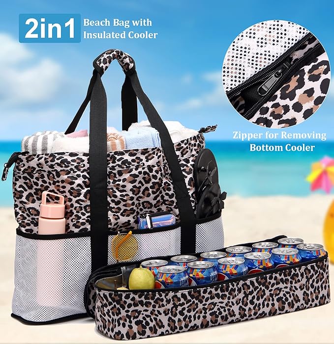 JIANYA Beach Bag Women Waterproof Sandproof Beach Tote Bags with Cooler Top Zipper Large Totes for Pool Travel Daily
