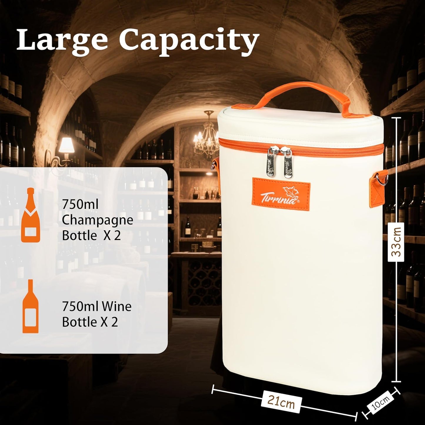 Tirrinia 2 Bottle Wine Gift Tote Carrier - Leakproof & Insulated Padded Versatile Wine Cooler Bag for Travel, BYOB Restaurant, Wine Tasting, Party, Dinner, Gift for Wine Lovers, White Orange