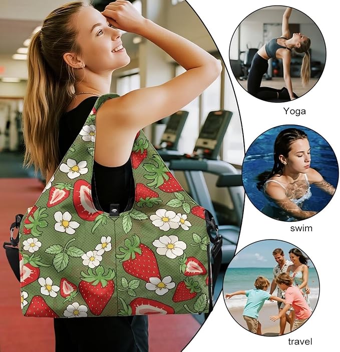 Strawberry Gym Bag with Shoe Compartment and Yoga Mat Holder, Waterproof Daisy Duffel Bag with Pockets Green Workout Bag for Men Fitness Workout Sports Bag
