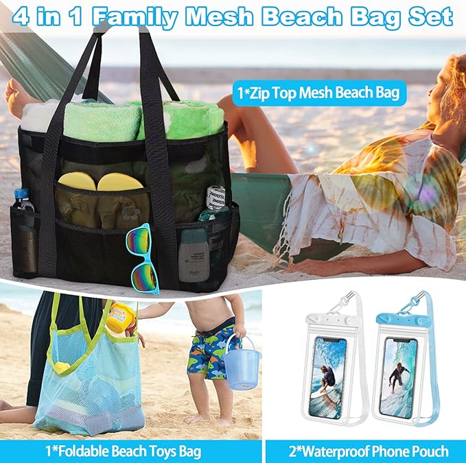 Mesh Beach Bag [Family Set] Extra Large Beach Tote Bag with Zipper Foldable Beach Toy Bag For Sand Toys & Women Vacation Essentials