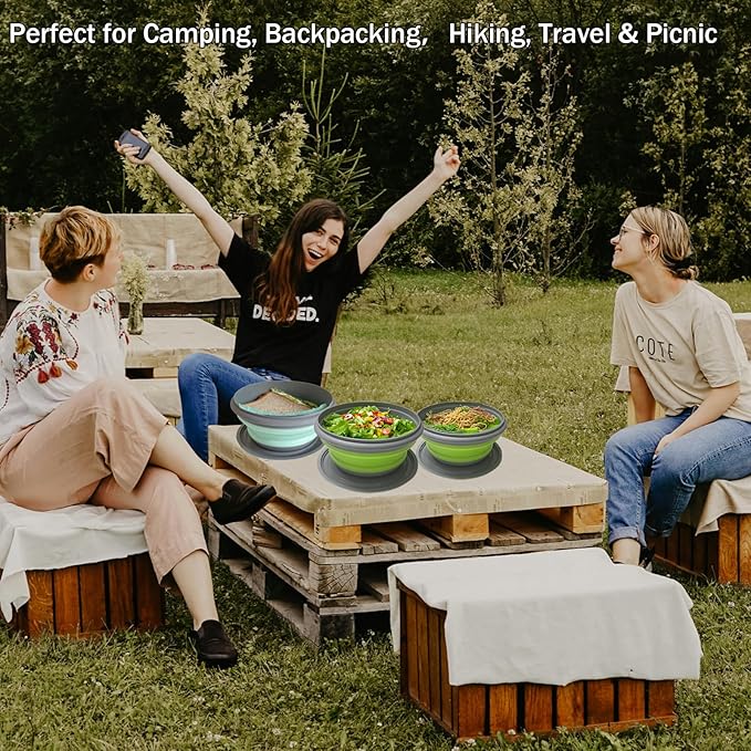 RMAMSCOV 1000ml Collapsible Camping Bowl with Lid,1 Pack Silicone Salad Bowl Serving, Microwave Foldable Soup Ramen Serving for Travel, Picnic, Rv(Blue)