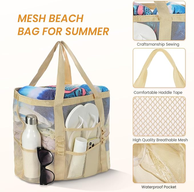 Tavaleu Mesh Beach Bag - Large Beach Tote with Multi Functional Pockets for Family Travel/Vacation