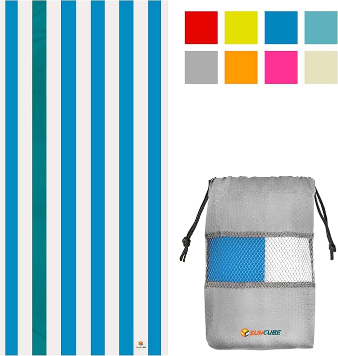 SUN CUBE Microfiber Beach Towel, Quick Dry Sand Free Beach Towel, Lightweight Compact Travel Swim Towel for Pool, Camping, Sand Resistant Packable Adult Towel - Blue 78x35 Inches