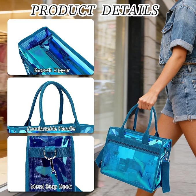 Iridescent Clear Beach Bag for Women, Large Pool Tote Cruise Vacation Essentials - Waterproof, Zipper Closure