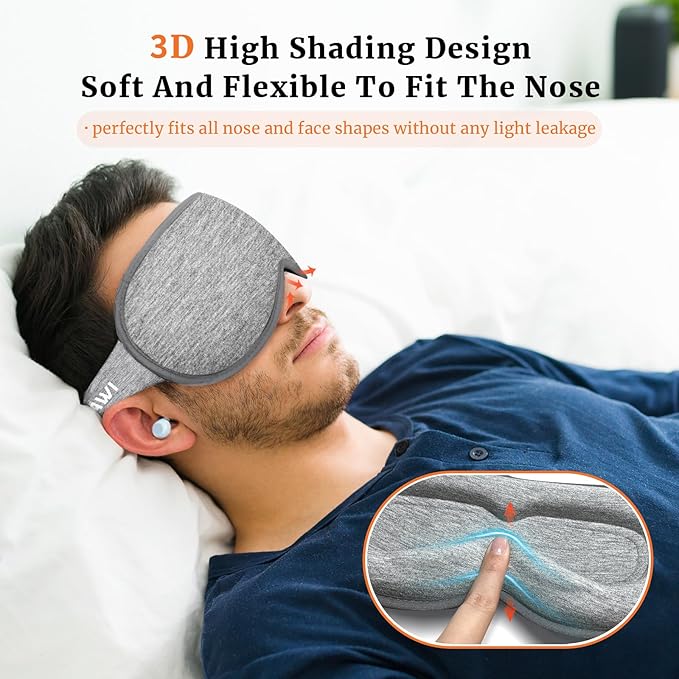 Sleep Eye Mask 3D Contoured cup Soft and Gentle, Breathable, Comfortable for side sleeping, Travellers, Yoga, Men, Women, Adjustable, with silicone Ear Plugs for Sleeping Noise Reductions (Grey)