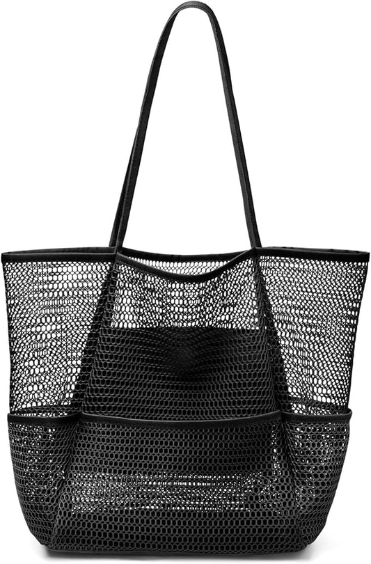 KPX Beach Bag with Mini Pocket, Beach Tote Bags for Women Large Foldable Mesh Swimming Pool Travel Bags - Sandproof